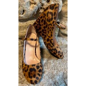 COUTGO Leopard High Wedge Mary Jane Faux Suede Round Toe Pumps 7.5